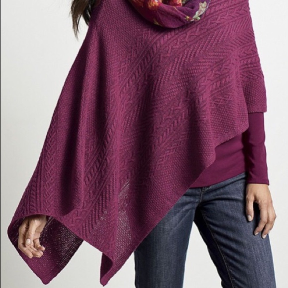 J Jill Magenta Asymmetrical Cable Knit Poncho